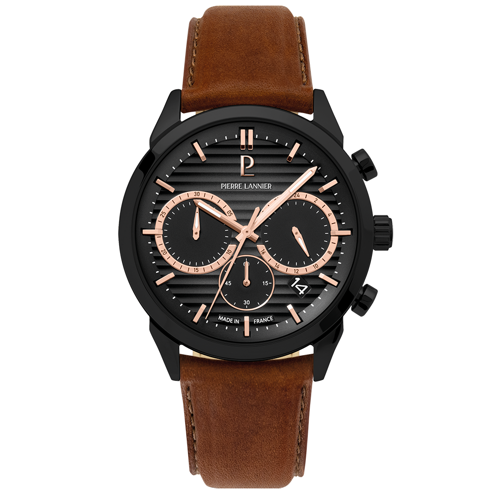 Montre Homme MONARCK Noir Cadran Gris Bracelet Cuir Brun 22 MM