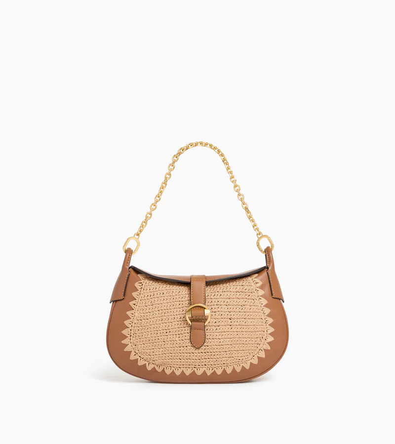 petit sac bandoulière effet raphia et cuir lisse