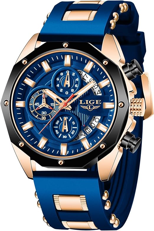 LIGE Montre Homme Mode Chronographe Acier Inoxydable Etanche Analogique Quartz Lumineuses Grand Cadran Sport Classique Montre