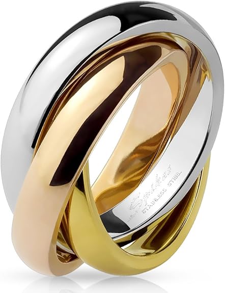 Bague en Acier Inoxydable 3 Tons (Argenté, Doré, Rosé) - 3 Anneaux Entrelacés - Largeur Totale 8mm - Disponible en 5 Tailles.