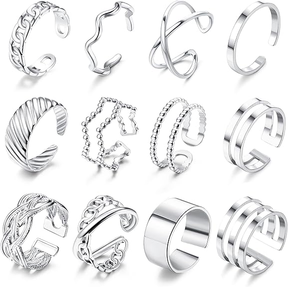 JeweBella 12 Pièces Bague Femme Acier Inoxydable Ouvert Bague Phalange Empilables Minimaliste Bague Pouce Femme Argent/Or Ensemble Bague Knuckle pour Femme