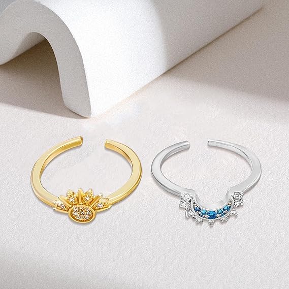 Uwiyo 2Pcs Ajustable Bagues Motif Lune Soleil Scintillantes Réglables Bague Bague d'amitié, Bijoux Lune Soleil Empilable, Pour couples