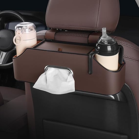 Carodi New Car Rear Seat Organisateur multifonction pour appuie-tête avec porte-gobelet, boîte à mouchoirs, crochet d'appui-tête pour enfants et adultes, accessoires de voyage en voiture 