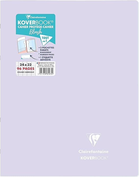 Clairefontaine 981475C Un Cahier Agrafé Koverbook Blush Lilas - 24x32 cm - 96 Pages Grands Carreaux - Papier Blanc 90 g