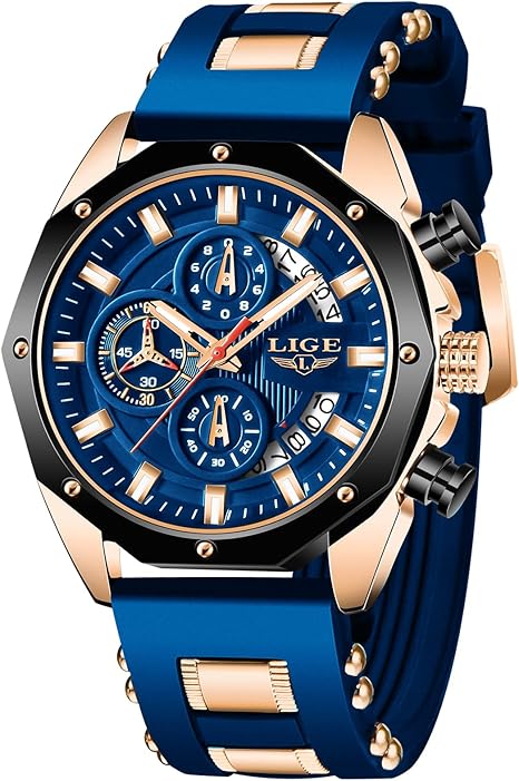 LIGE Montre Homme Mode Chronographe Acier Inoxydable Etanche Analogique Quartz Lumineuses Grand Cadran Sport Classique