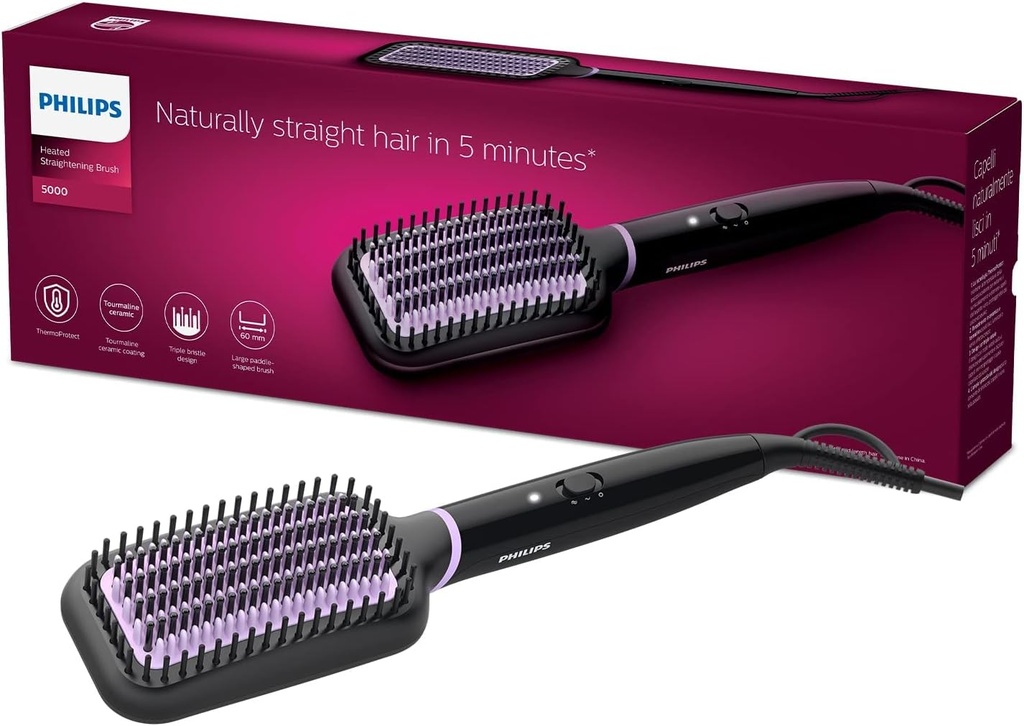 Philips, Brosse lissante chauffante StyleCare Essential, Zone de brossage ultra-large, Technologie ThermoProtect, Revêtement en céramique tourmaline, modèle BHH880/00 