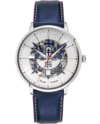 [BIJMON]  Montre Homme ÉLYSÉE Cadran Argenté Bracelet Cuir Bleu