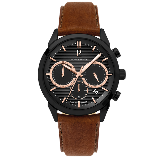 [BIJMON] Montre Homme MONARCK Noir Cadran Gris Bracelet Cuir Brun 22 MM