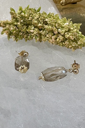 [BIJBOU] BOUCLES D'OREILLES EN QUARTZ FUME ET OR laminé 