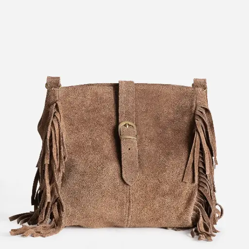 [LINSAC]  LINEA MODE Sac à main TEXTO taupe cuir velours à franges