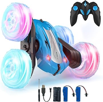 [JOUROD] Rodzon Voiture Télécommandée Enfant, 360°Rotation Camion Cascadeuse avec Feux de Roue, 2.4GHz RC Voiture Radiocommandee Jeux Extérieur Jouet Cadeau pour Garçon Fille 3-12 Ans, 2 x Batterie (Bleu)