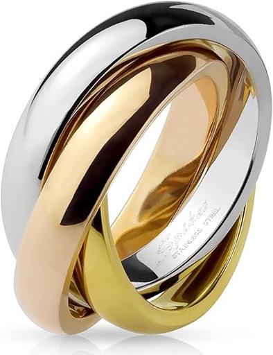 [BAGBAG] Bague en Acier Inoxydable 3 Tons (Argenté, Doré, Rosé) - 3 Anneaux Entrelacés - Largeur Totale 8mm - Disponible en 5 Tailles.
