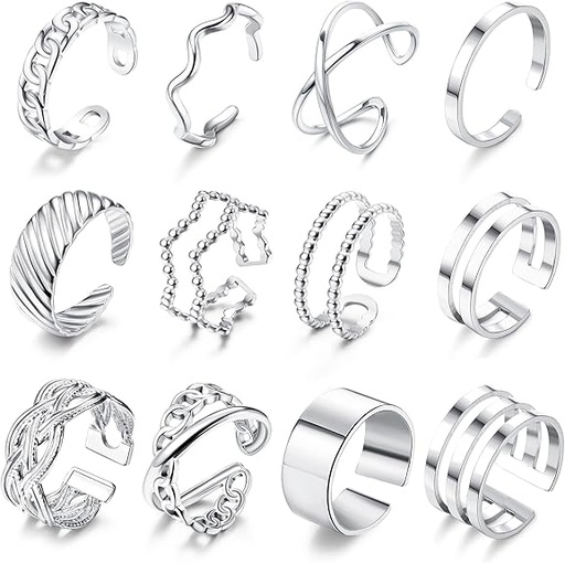 [BAGJEW] JeweBella 12 Pièces Bague Femme Acier Inoxydable Ouvert Bague Phalange Empilables Minimaliste Bague Pouce Femme Argent/Or Ensemble Bague Knuckle pour Femme