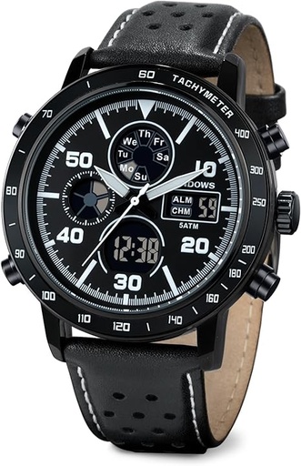 [MONPIN] PINDOWS Montres pour Hommes, Montre-Bracelet Militaire numérique Double en Cuir décontractée pour Hommes, Montre Tendance multifonctionnelle avec rétroéclairage LED, Alarme, chronomètre, Calendrier