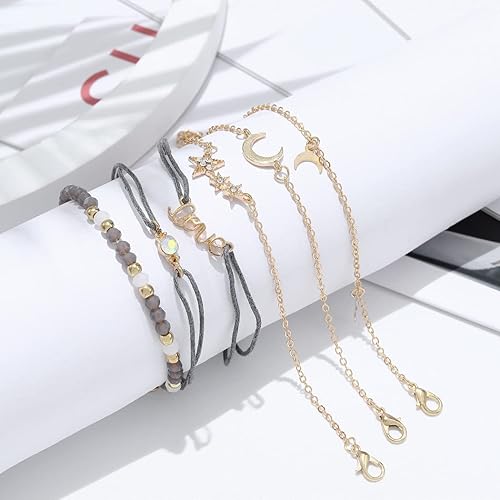 [BIJEDA] Edary Lot de 6 bracelets boho Étoiles et lune en cristal et pierres précieuses bracelet Doré perles fait à la main chaîne pour femmes et fille