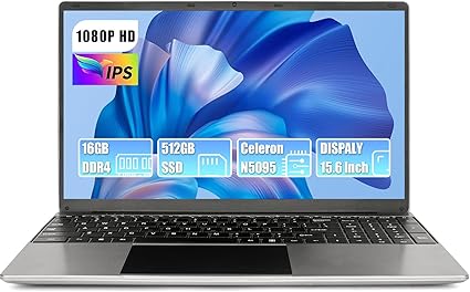 [HCJPC] Hcjip Ordinateur Portable 15,6 Pouces, 16Go RAM 512Go SSD PC Portable, Celeron N5095 Processeur Quad-Core, FHD 1080P, USB 3.0, Mini HDMI, TF, Bluetooth, WiFi (Argenté)