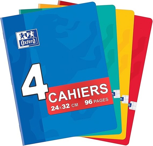 [FOUOXF] OXFORD Lot de 4 Cahiers Color Life 24x32cm Grands Carreaux Seyès 96 Pages Agrafées 90g Couleurs Assorties