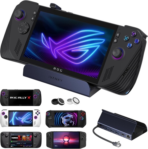 [INVCON]  iVANKY 8-en-1 Dock ROG Alloy avec HDMI 2.0 4K@60Hz, 3 Ports USB-A 3.0, Charge USB-C 100W, Ethernet 1Gbps, Station d'accueil Compatible avec ASUS ROG Ally X/Legion Go/Valve Steam Deck 