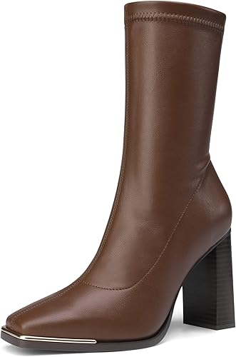 [TALDRE] DREAM PAIRS Bottes Gogo à bout carré pour femme - Bottines élastiques à talon haut et épais - Bottes mi-mollet