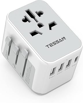 [TESADA] TESSAN Adaptateur de Voyage Electrique avec 3 USB et 1 Type C, Adaptateur Prise Universelle France vers USA Canada UK Italie Australie Chine Japon Thaïlande 