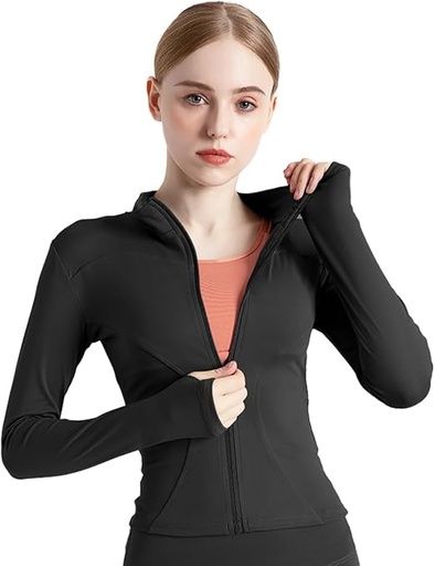 [vesben] BenBoy Veste de Sport Femme Respirante Veste de Course à Manches Longues Course Running Léger avec Fermeture éclair Haut de Fitness avec Trous pour Les Pouces Yoga Randonnée