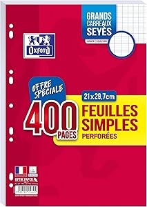[FOUOXF] OXFORD Lot de 400 Pages Feuilles Simples Grands Carreaux Seyes Format A4 (21x29,7cm) Perforees, Blanches