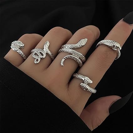 [BIJWEN] Wendalern Set De Bagues Serpent Bagues Ouvertes Serpent Empilables Bagues Gothiques Animaux Bagues Vintage Argent Bagues Ajustables Bijoux Pour Femmes Filles (5 Pcs)