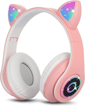 [ALLSEN] Sendowtek Bluetooth sans Fil Casque d'oreille de Chat Pliable avec Microphone Stéréo Casque Audio Enfant Bluetooth Fille pour Phones PC (Rose)