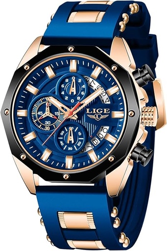 LIGE Montre Homme Mode Chronographe Acier Inoxydable Etanche Analogique Quartz Lumineuses Grand Cadran Sport Classique