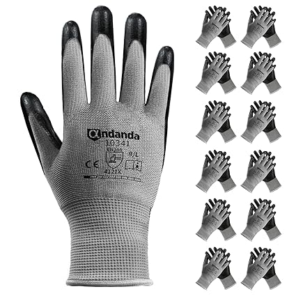 [GANAND] ANDANDA Gants de Travail Enduit de Nitrile, 12 Paires, Provide Revêtement Antidérapant, Excellente Adhérence, Gants Protections, Ideal pour l'Entreposage, la Logistique, l'Assemblage, M