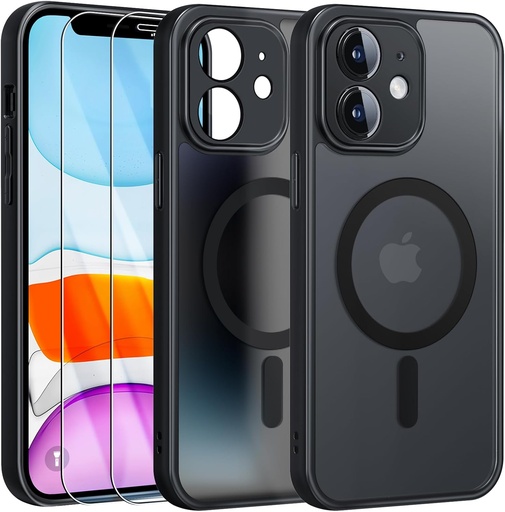FLLAO Magnétique Coque pour iPhone 11 avec 2 Verre Trempé, Compatible avec MagSafe, Protection d'objectif Tout Compris, Etui Translucide Mat Arrière Housse Fine Antichoc Case, Noir