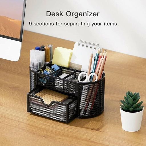 [RICALL] RICOO Rangement Bureau B002-B - Organisateur de Bureau en Maille Métallique avec Tiroir - Accessoire de Rangement et Organisation pour Bureau et Maison - Noir - 22 x 11 x 10,5 cm 